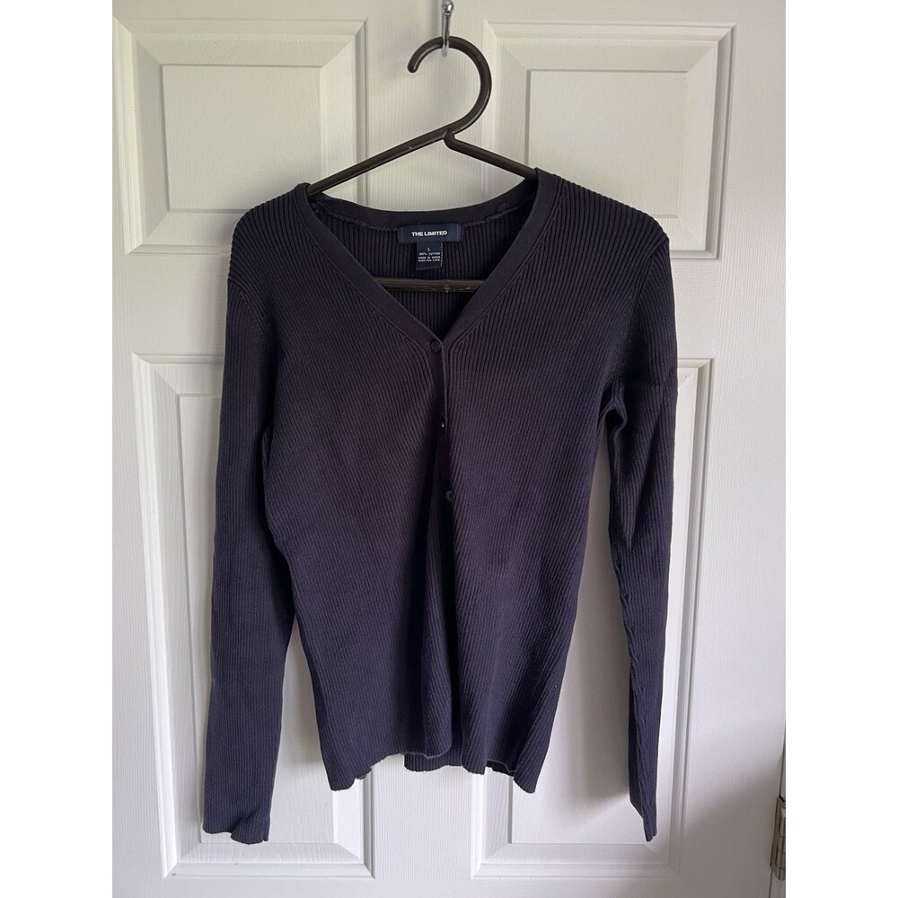 The Limited Y2K Navy Rib-Knit V-Neck Button-Front Cotton Cardigan Sweater L